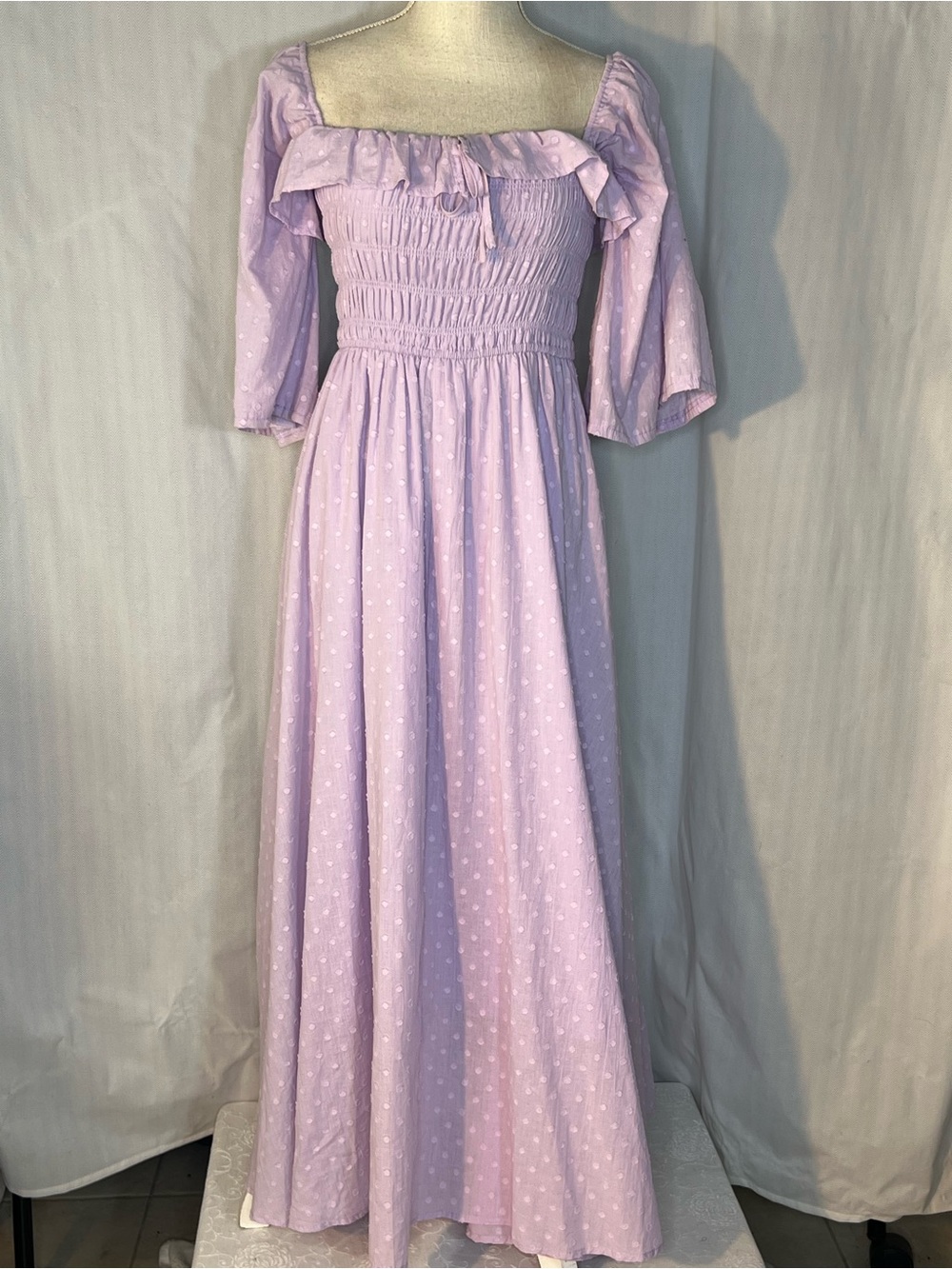 R. Vivimos Maxi Dress Lavender Swiss Dot Smocked Bodice Ruffle Flutter Sleeve M